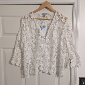 Nina Leonard ivory lace button front cover up / blouse NWT size XL